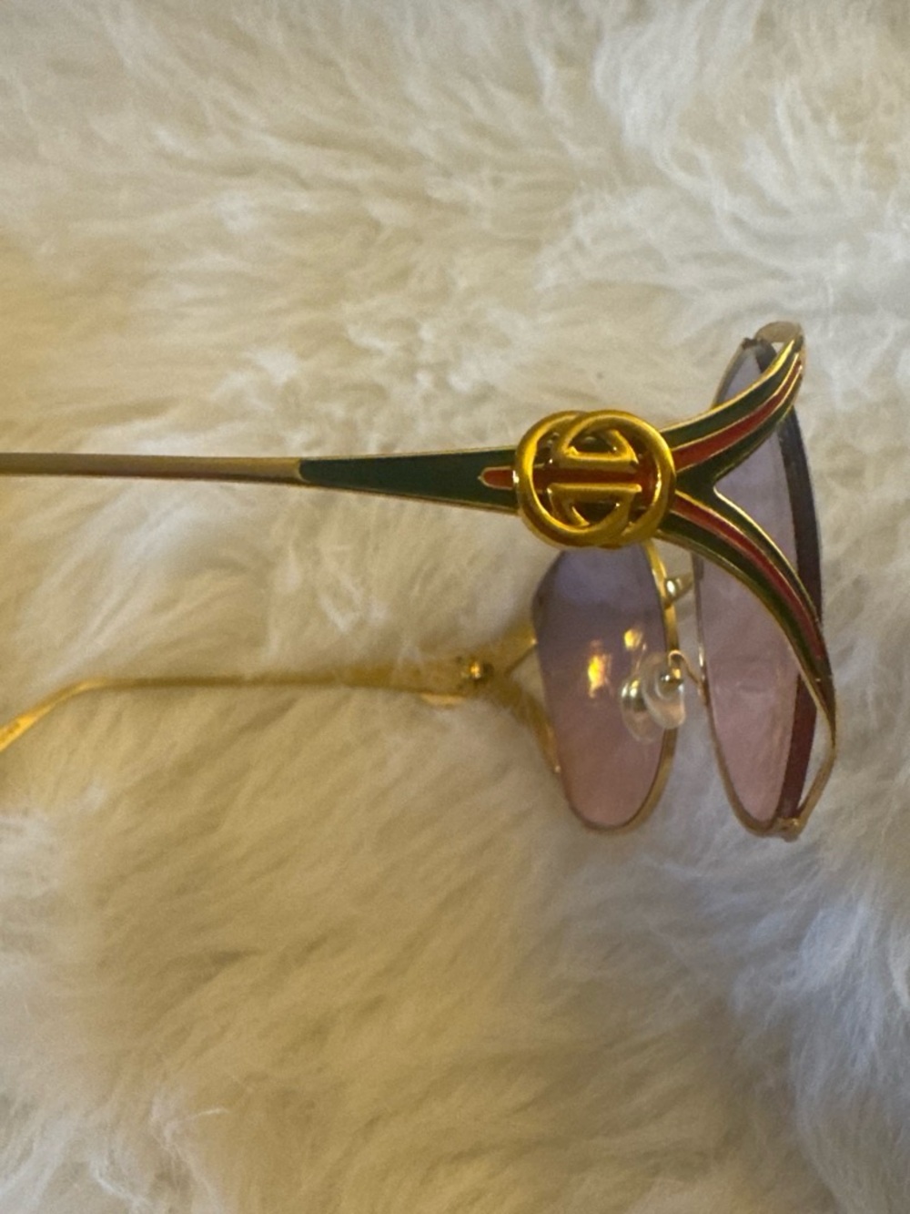 Gucci Gold Sunglasses with Web Temples & Lavender-Tinted Lenses